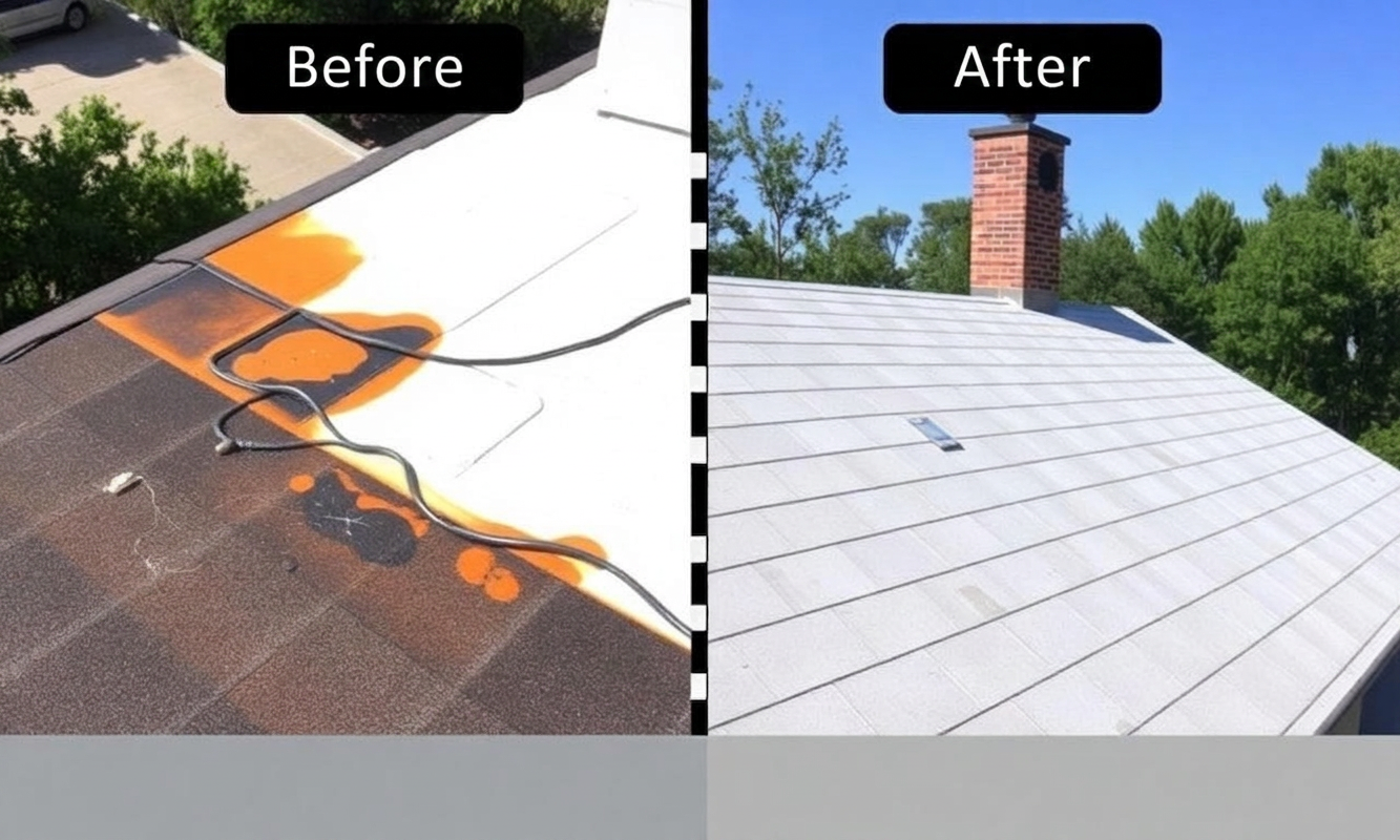 Before and after roof leak repair with LeakLock